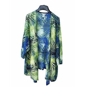 Catherines Cardigan Size 1X Blue Green Tropical Jungle Open Knit Stretch Vacay